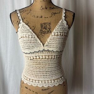 Vintage Crochet Camisole Tank Top Sheer Size Small Ivory Black Boho READ